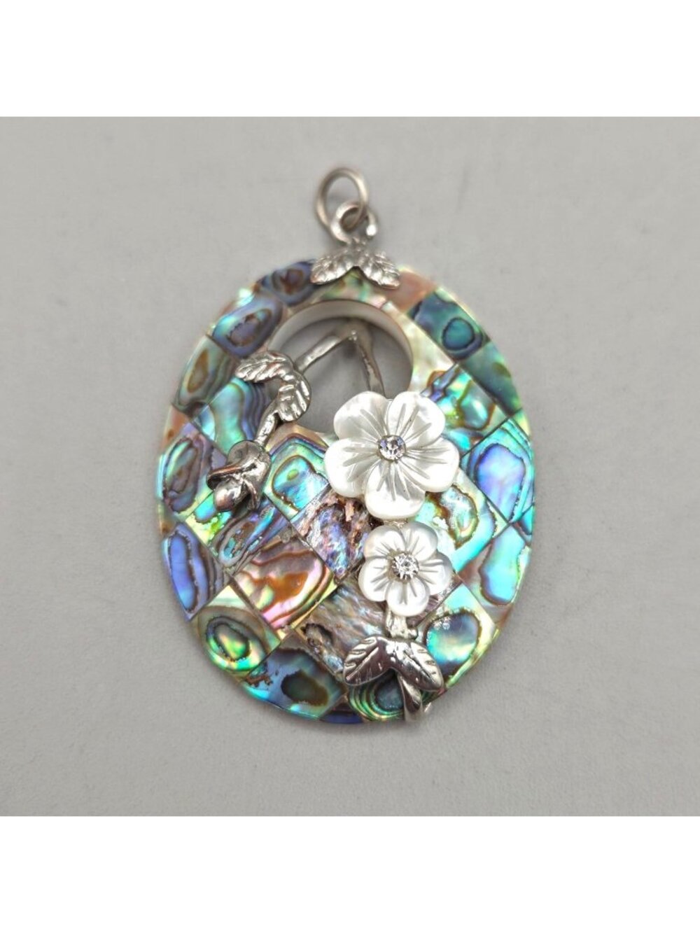 Abalone Shell Floral Pendant Mother Of Pearl Accents Rhinestone Details